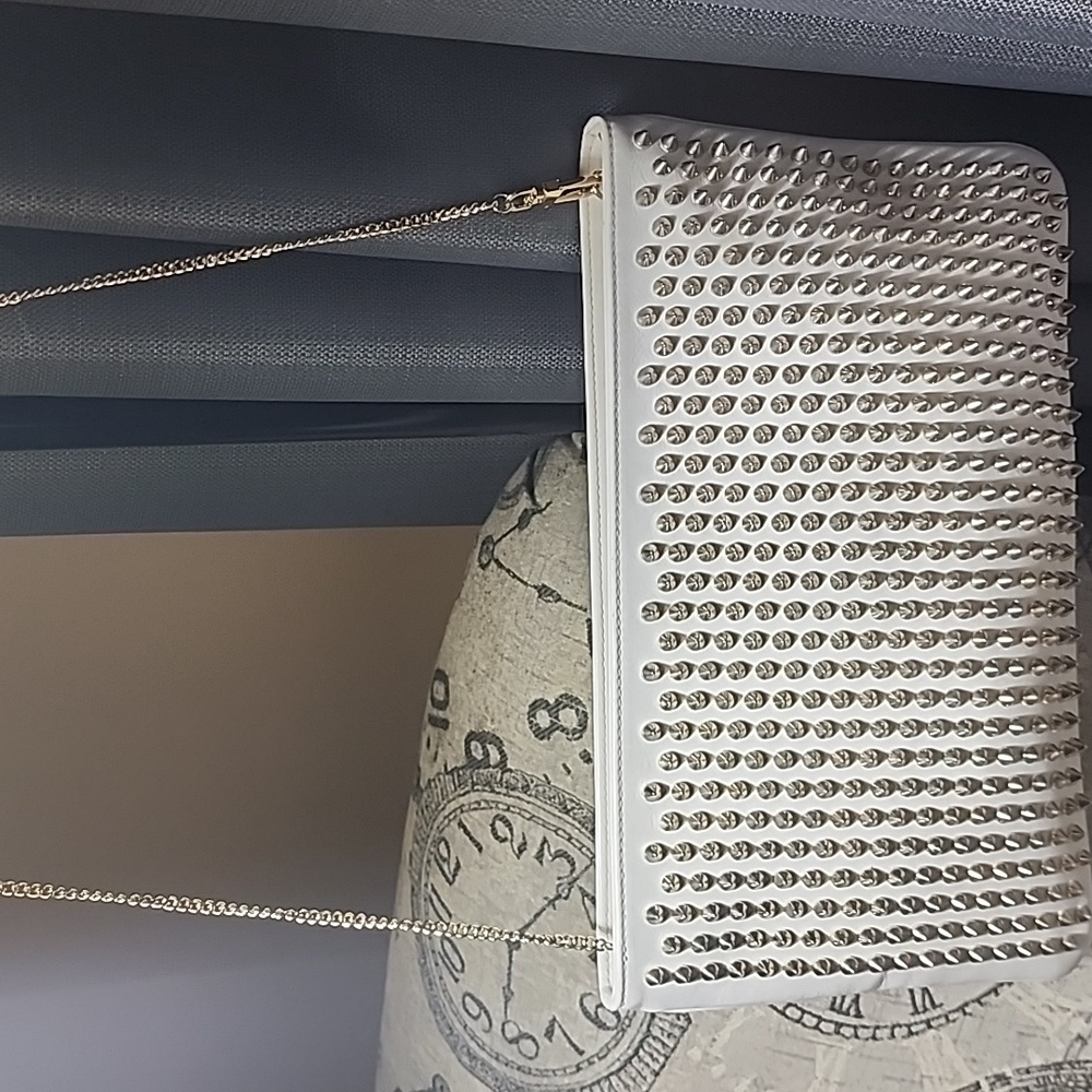 Authentic Christian Louboutin White Leather Spiked Clutch With Chain - Picture 7 of 7